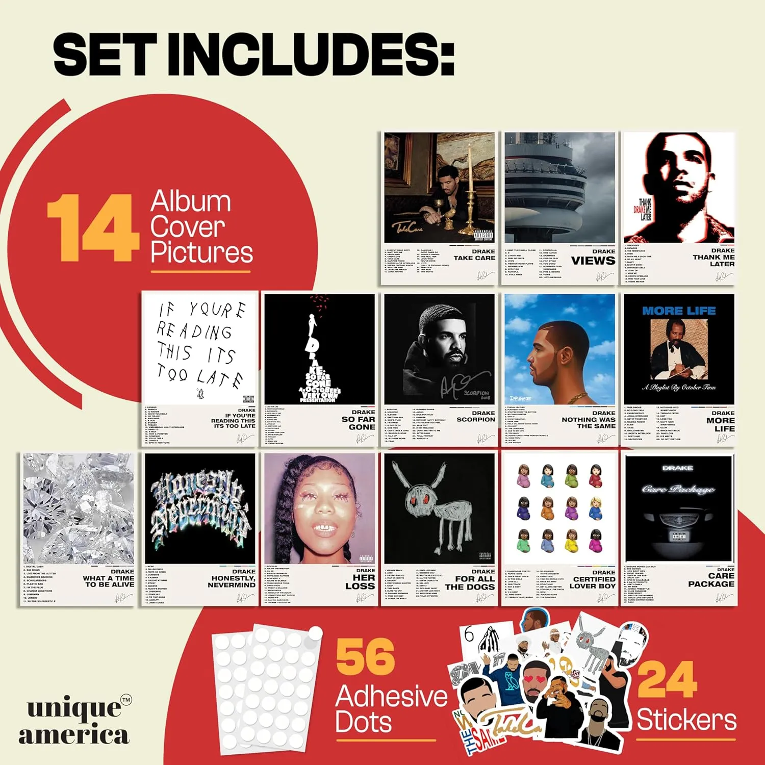 Unique America 14 Pcs|Drake Posters, Music Album Covers For Wall Decor, 12x16 Total 14 Drake & 25 Stickers White Design Unframed