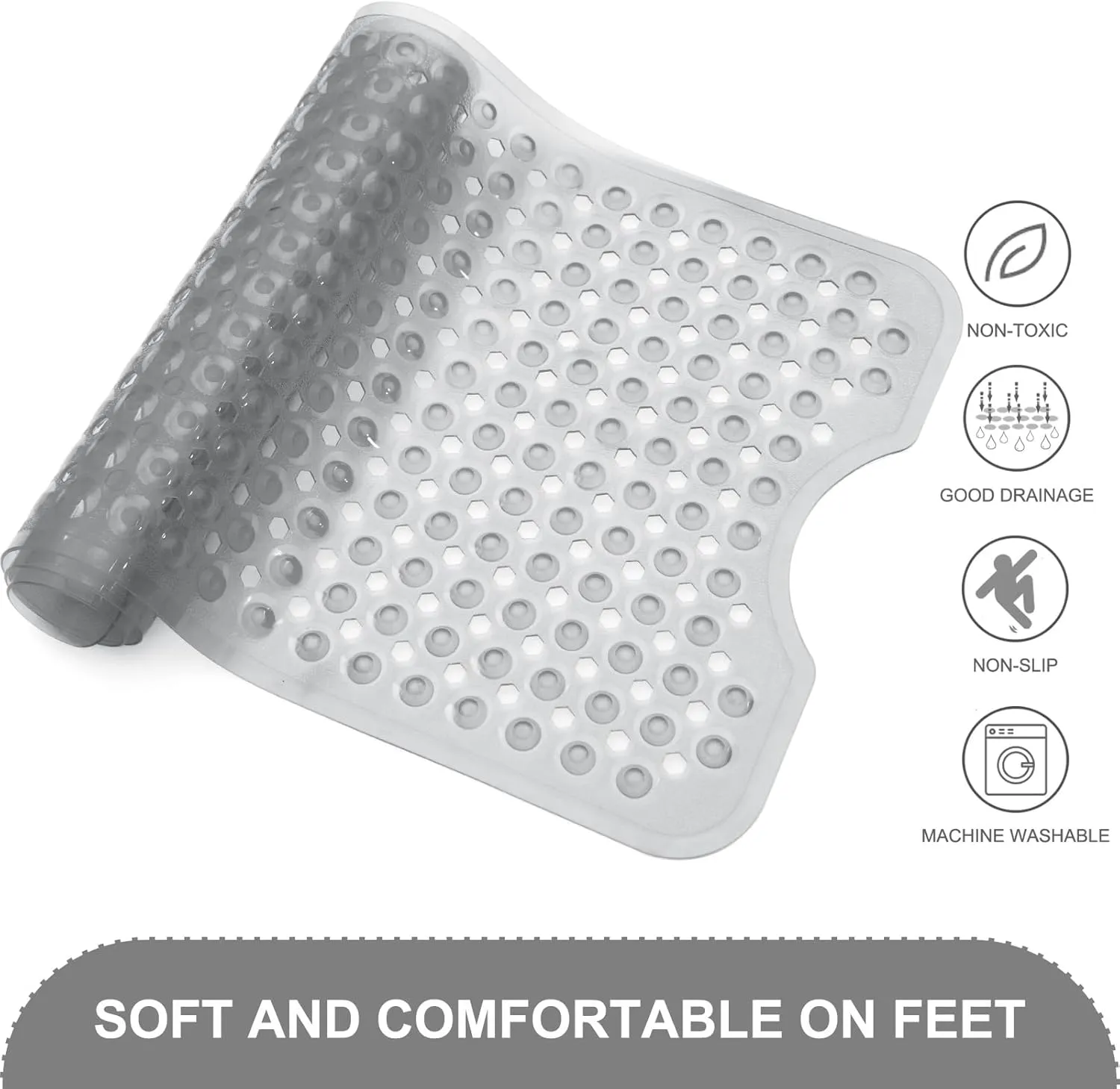Upgrade Bath Tub and Shower Mats, Non Slip 40 x 16 Inch Extra Large Bathtub Mat, Machine Washable Bathmat with Drain Holes, Suction Cups for Bathroom Floor, Clear Gray