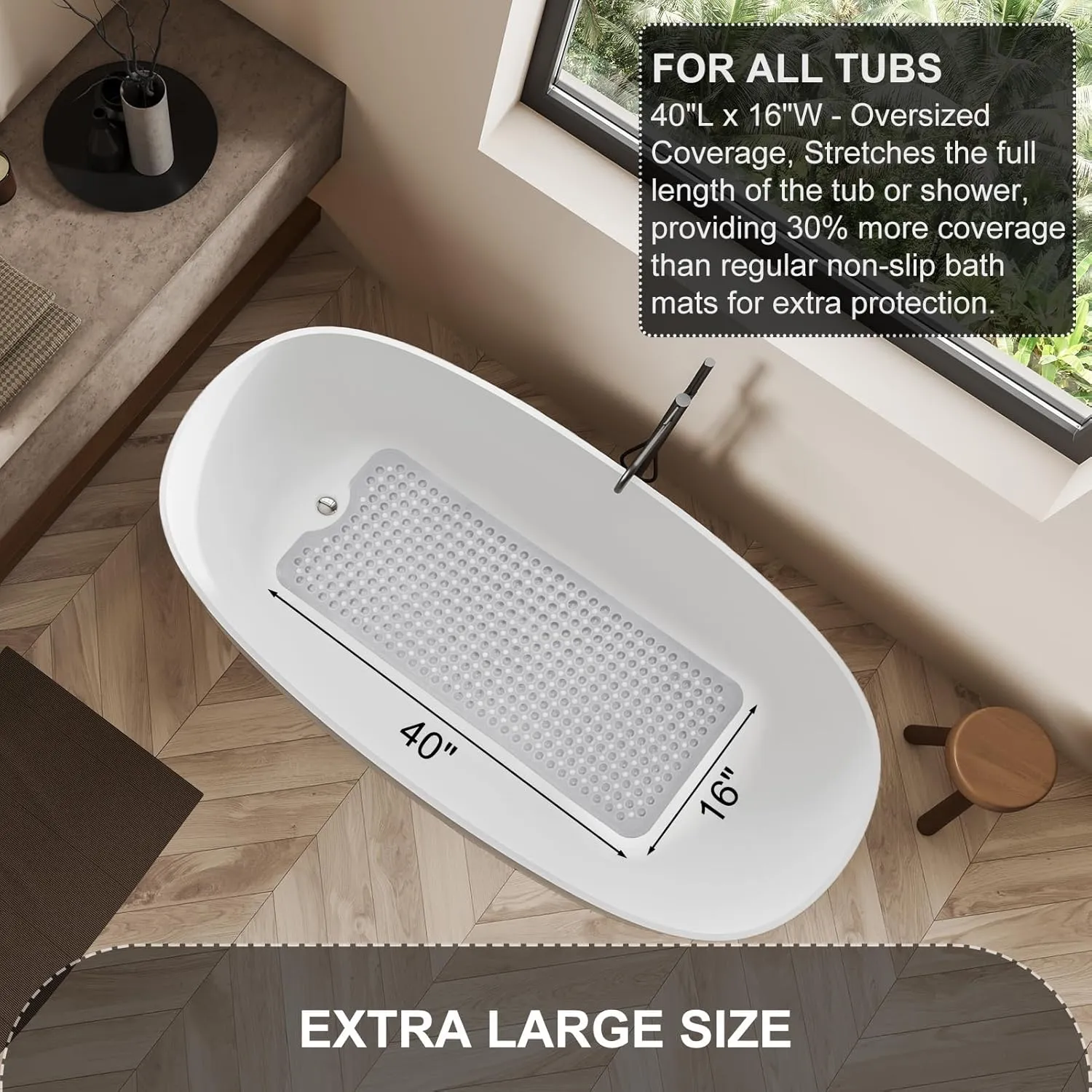 Upgrade Bath Tub and Shower Mats, Non Slip 40 x 16 Inch Extra Large Bathtub Mat, Machine Washable Bathmat with Drain Holes, Suction Cups for Bathroom Floor, Clear Gray