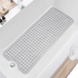 Upgrade Bath Tub and Shower Mats, Non Slip 40 x 16 Inch Extra Large Bathtub Mat, Machine Washable Bathmat with Drain Holes, Suction Cups for Bathroom Floor, Clear Gray