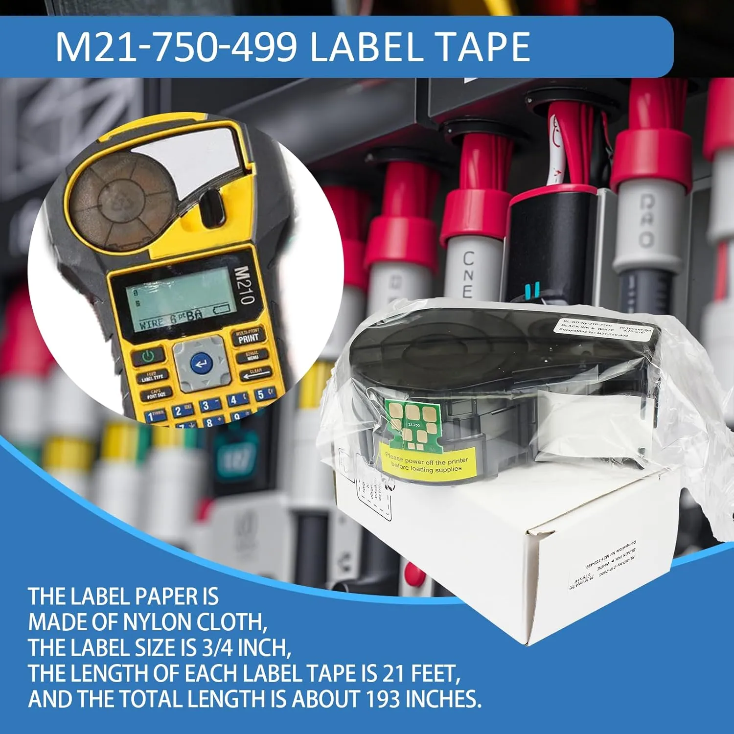 Upgraded M21-750-499 Nylon Label with chip for Brady Nylon Label General ID, Wire Marking,Equipment Labeling and Lab Labeling Black-on-White for M210、M211、BMP21、BMP21-PLUS、Printers .75" W 16' L