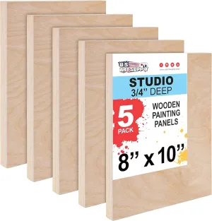 U.S. Art Supply Unfinished Cradled Wood Panels for Painting, 5 Pack of 8x10 inch - Studio Birch Wooden Canvas Boards 3/4" Deep - Mixed-Media Craft, Acrylic, Oil, Encaustic, Paint Pouring Panel Board
