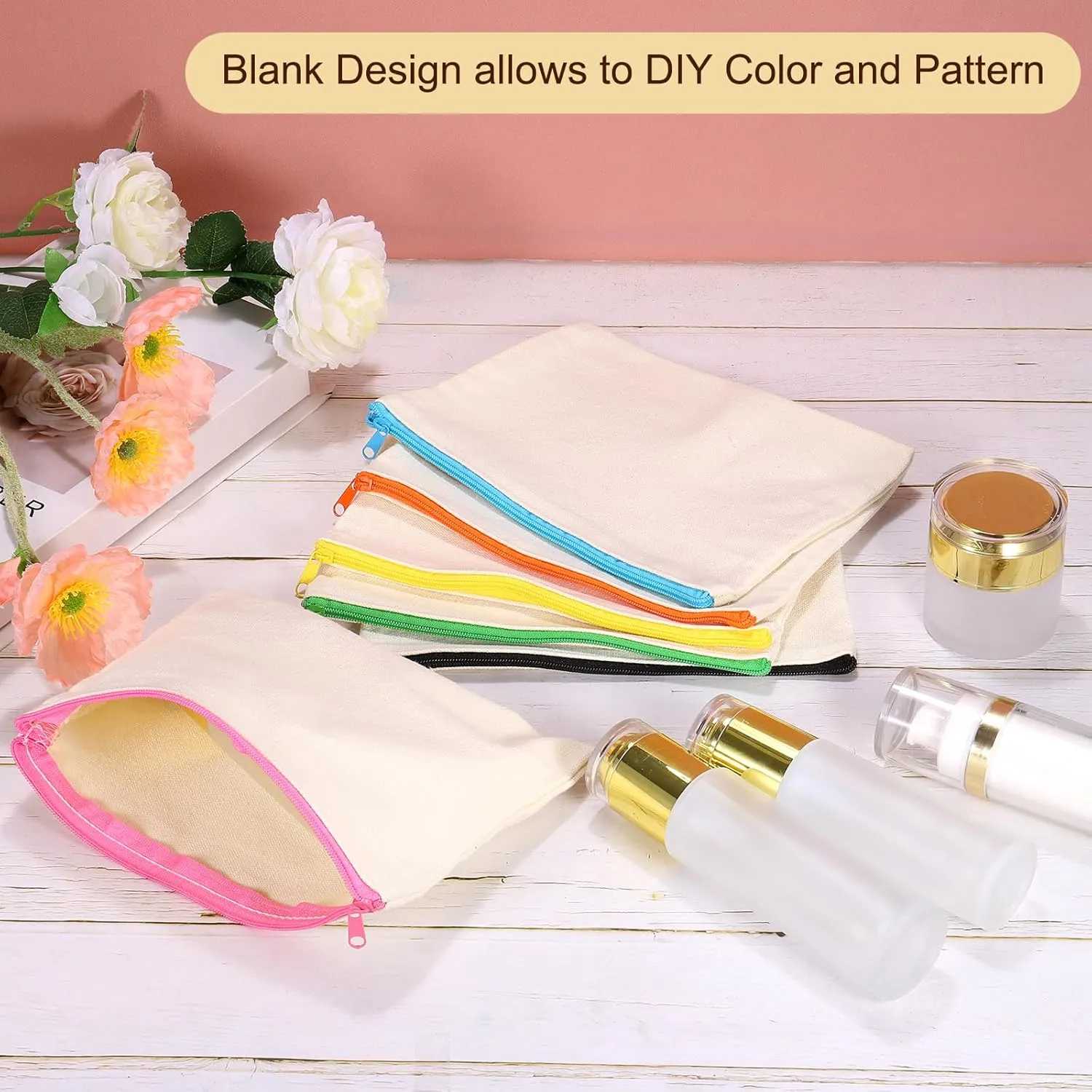 uxcell Canvas Makeup Bags, 12 Pcs Travel Cosmetic Bags Bulk, Multipurpose Blank Toiletry Zipper Pouches Blank DIY Craft Bags Pencil Bag for Women Teens, Yellow