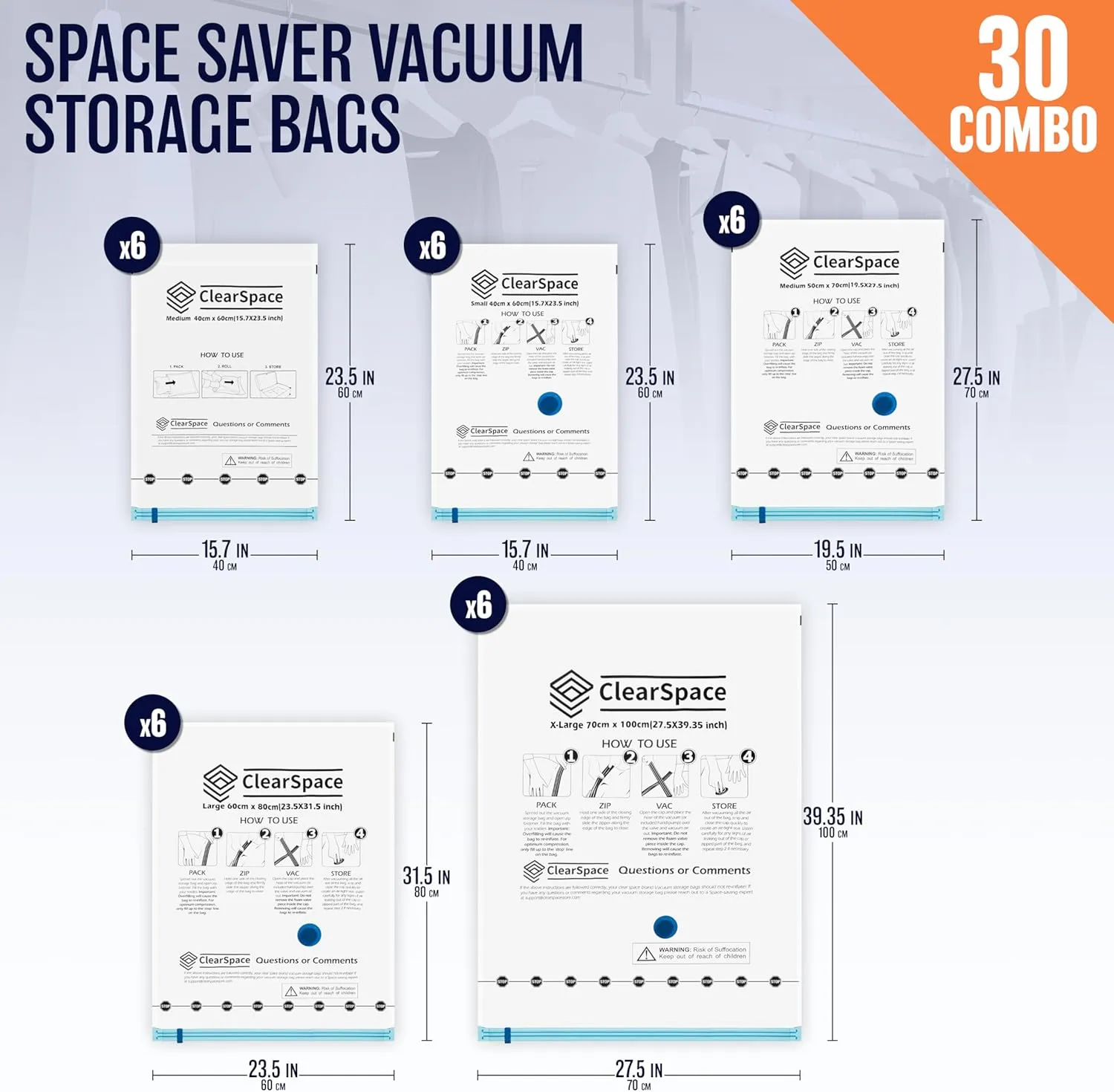 Vacuum Seal Bags for Clothing Travel, 30 Combo - Space Saver Vacuum Storage Bags, Blanket & Clothes Storage Bags Vacuum Sealed – Hand Pump Included, Bolsas Para Guardar Ropa Al Vacío