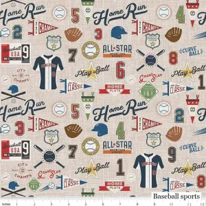Varsity Retro All-Star Baseball Toss Tan - LAMINATED Cotton Fabric - Riley Blake
