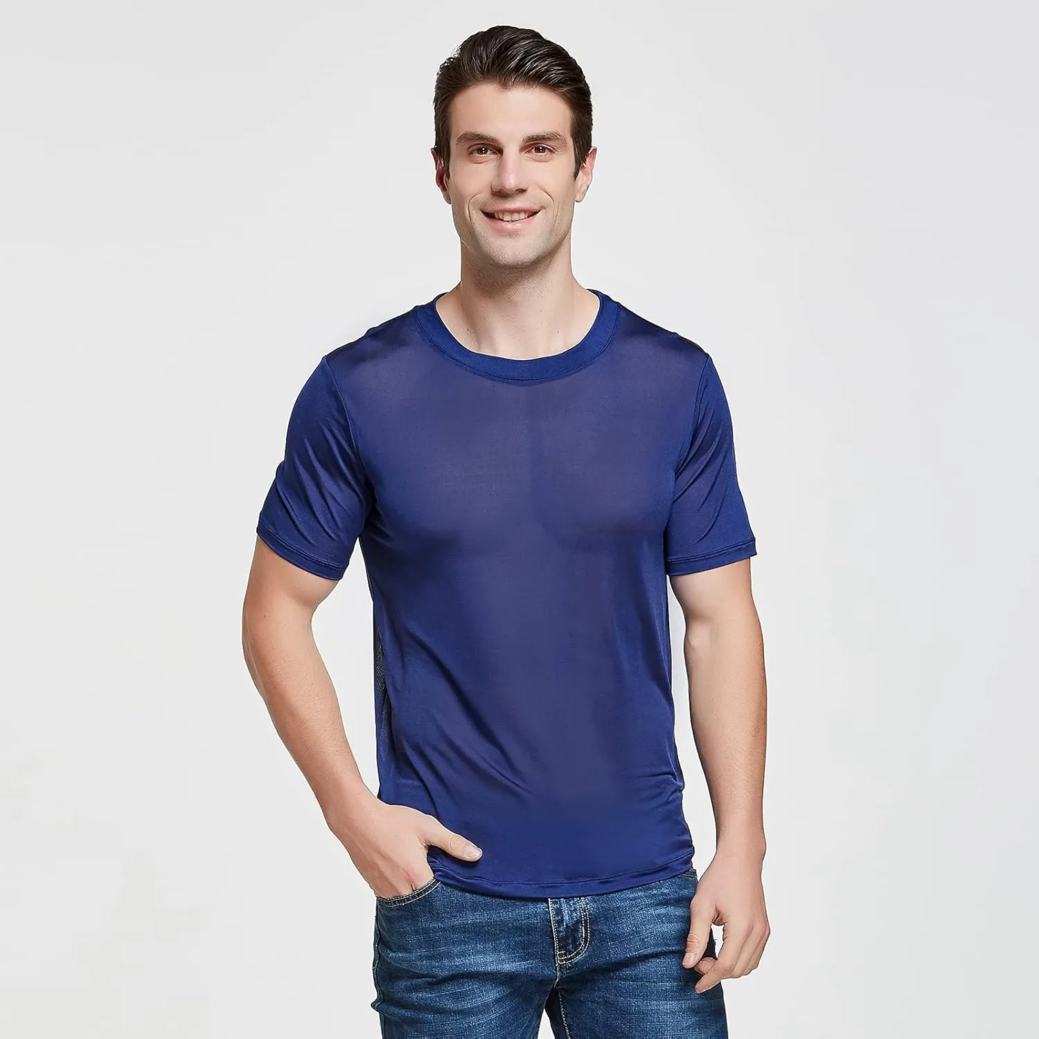 Viamulion Mens Silk Knitted T Shirt 100% Pure Mulberry Silk Sleep T Shirt Soft Cool Performance Crew Neck Casual Undershirt