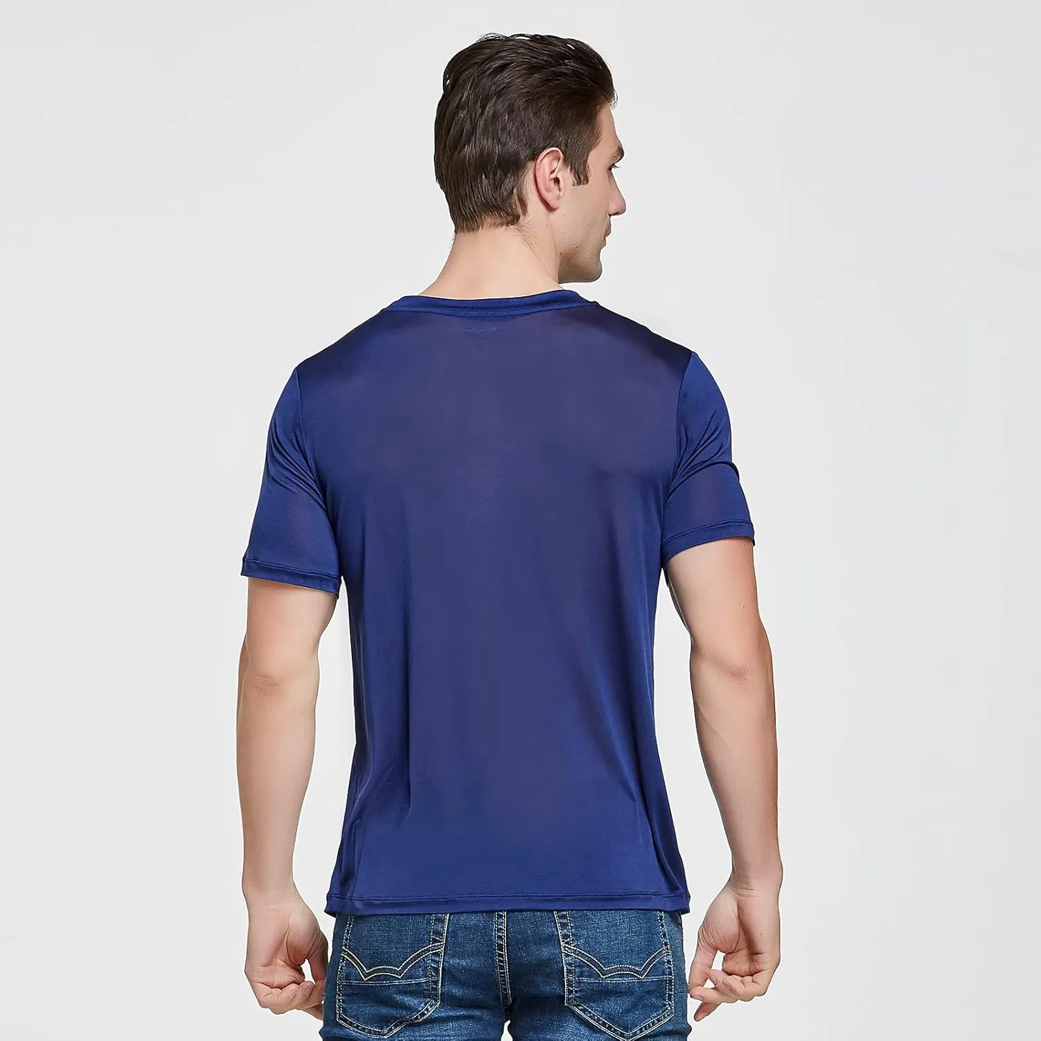 Viamulion Mens Silk Knitted T Shirt 100% Pure Mulberry Silk Sleep T Shirt Soft Cool Performance Crew Neck Casual Undershirt