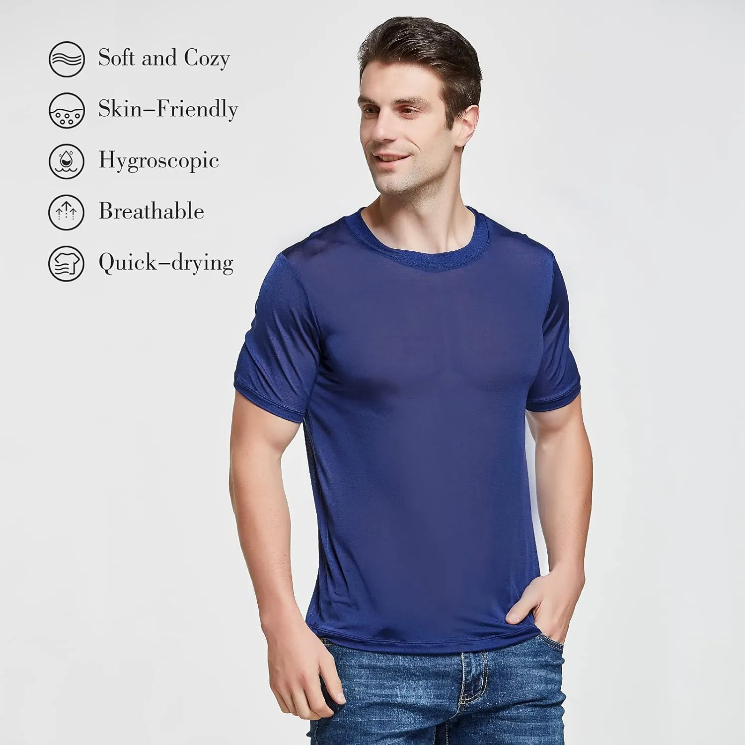 Viamulion Mens Silk Knitted T Shirt 100% Pure Mulberry Silk Sleep T Shirt Soft Cool Performance Crew Neck Casual Undershirt