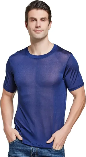 Viamulion Mens Silk Knitted T Shirt 100% Pure Mulberry Silk Sleep T Shirt Soft Cool Performance Crew Neck Casual Undershirt
