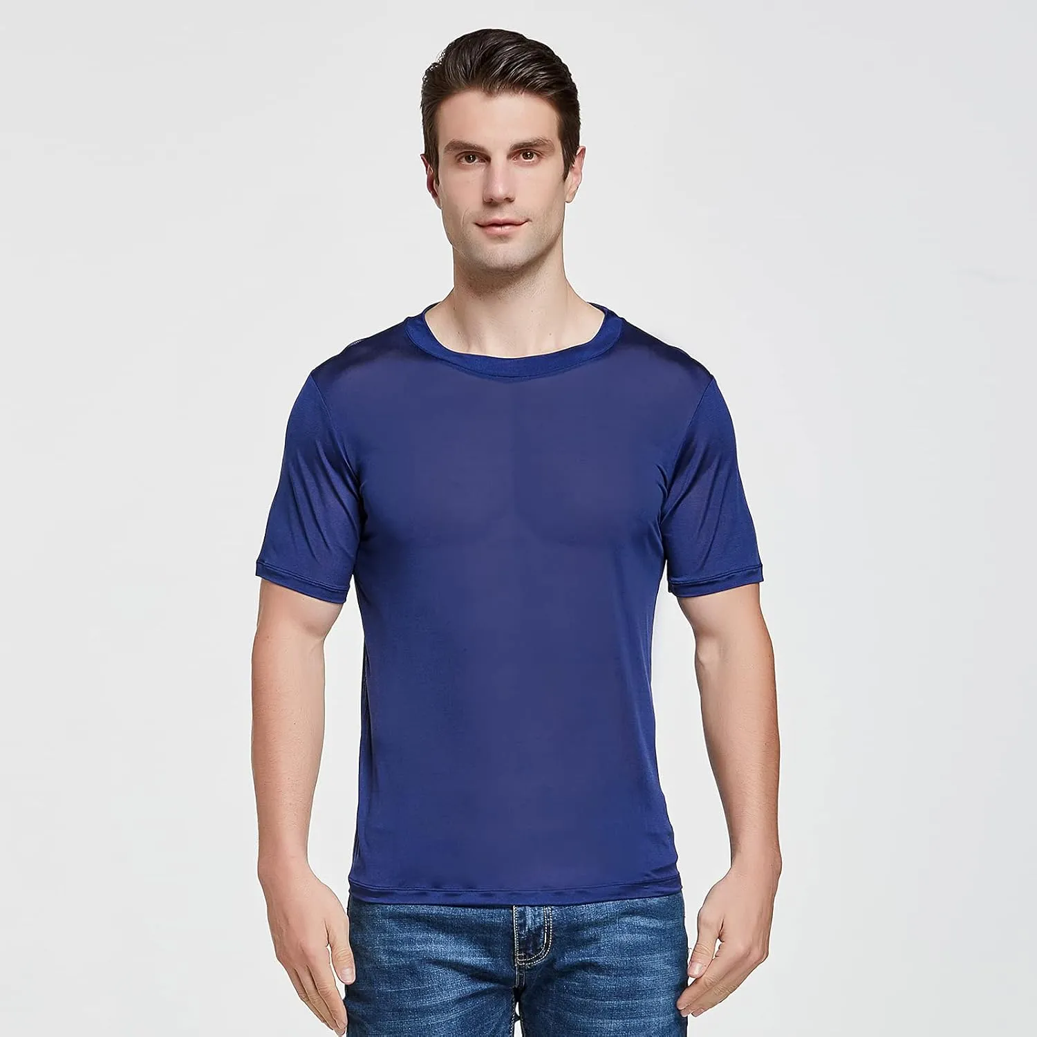 Viamulion Mens Silk Knitted T Shirt 100% Pure Mulberry Silk Sleep T Shirt Soft Cool Performance Crew Neck Casual Undershirt