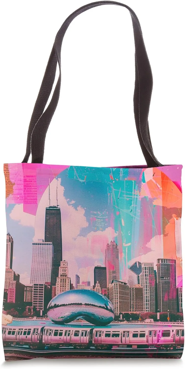 Vibrant Chicago Skyline Cloud Gate Urban Pop Art Tote Bag