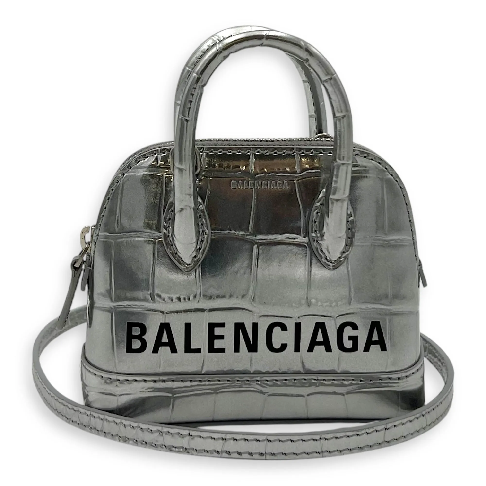 Ville Micro Silver Top Handle Bag in Crocodile Embossed Calfskin, Silver hardware