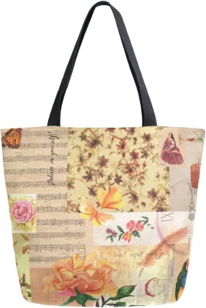Vintage Style Collage Roses Canvas Tote Bag Finch Butterflies Sheet Music Letter Stamps Old Papers Women Shoulder Bag Reusable Grocery Bags Large Handbag Travel Shopping Bag for School Nursing Gift