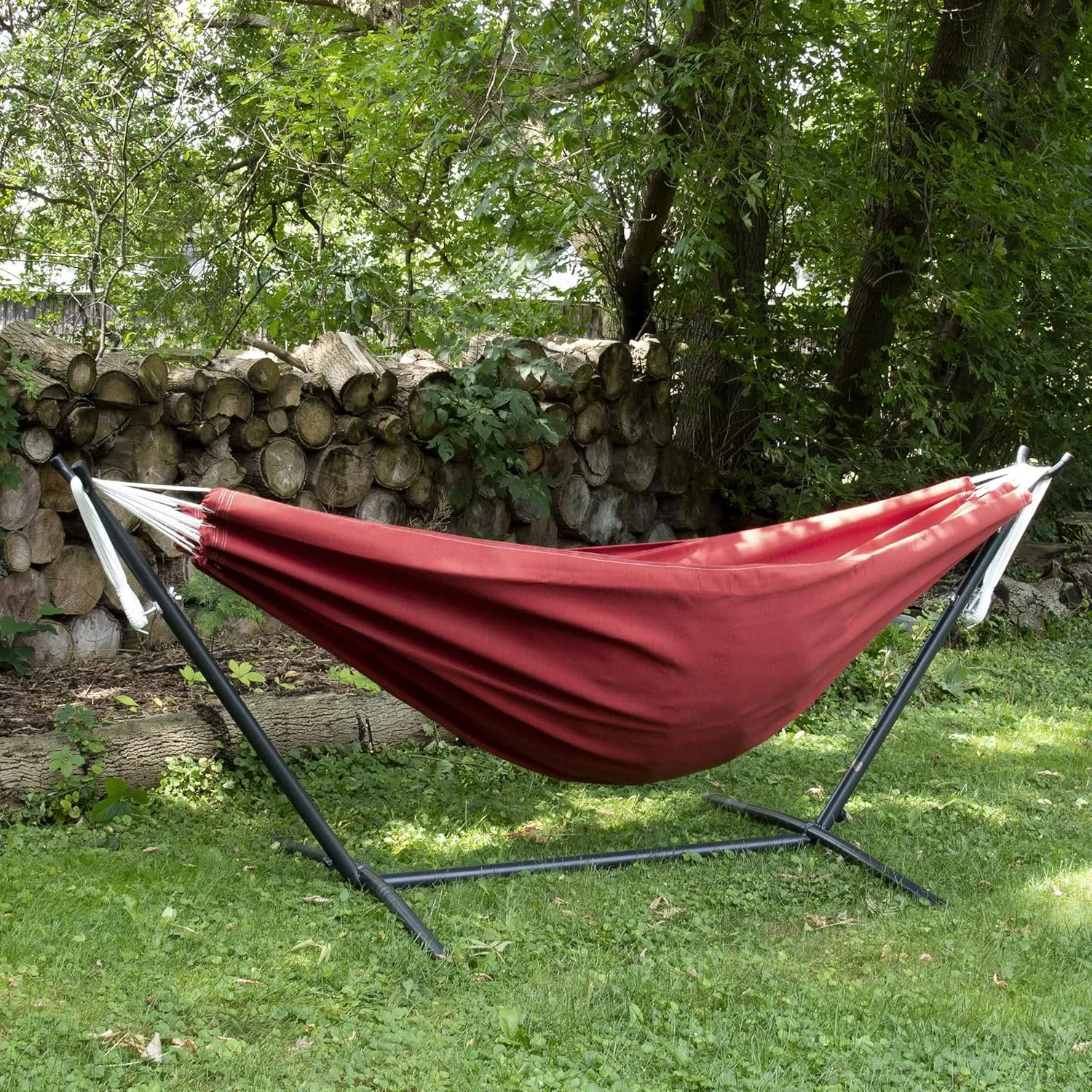 Vivere Double Sunbrella Hammock with Space Saving Steel Stand, 450 lb Capacity - Premium Carry Bag Included (Crimson)