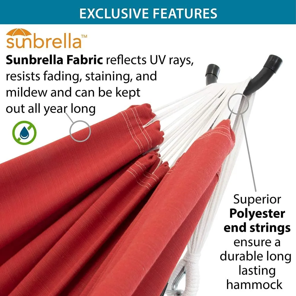 Vivere Double Sunbrella Hammock with Space Saving Steel Stand, 450 lb Capacity - Premium Carry Bag Included (Crimson)