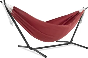 Vivere Double Sunbrella Hammock with Space Saving Steel Stand, 450 lb Capacity - Premium Carry Bag Included (Crimson)