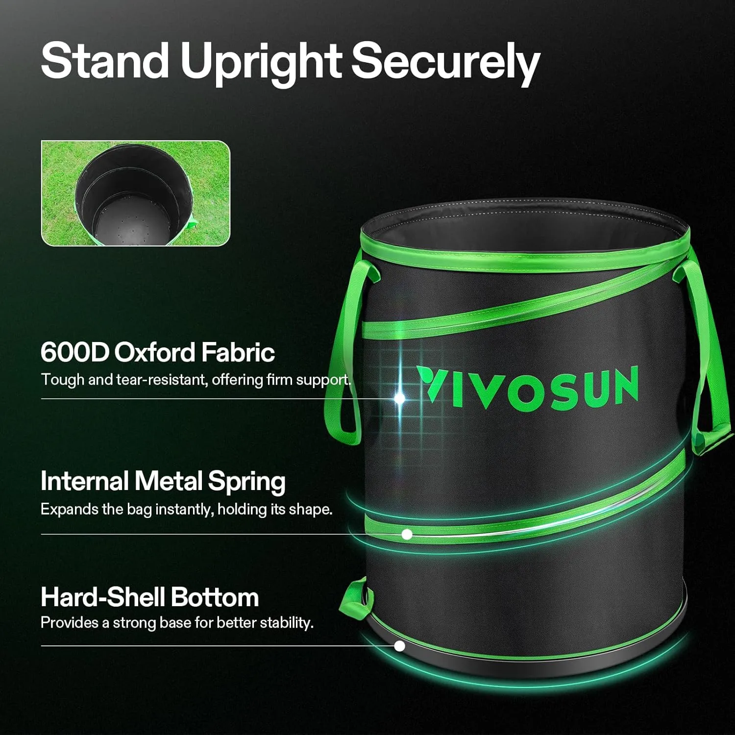 VIVOSUN 30-Gallon Collapsible Trash Can, Reusable Pop-Up Garden Bag with Hard-Shell Bottom, Leaf Scoops and Gloves, Yard Waste Container for Lawn Care and Camping