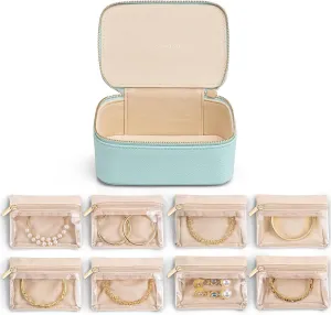 Vlando Jewelry Travel Organizer with 8 Velvet Jewelry Bags Travel Jewelry Storage Box Jewelry Case for Necklace Rings Earrings Trendy Christmas Birthday Graduate Gifts for Women-Lake Blue