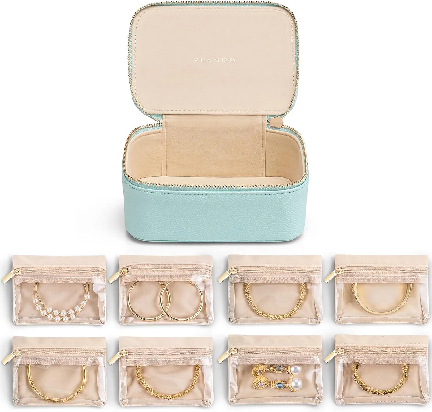 Vlando Jewelry Travel Organizer with 8 Velvet Jewelry Bags Travel Jewelry Storage Box Jewelry Case for Necklace Rings Earrings Trendy Christmas Birthday Graduate Gifts for Women-Lake Blue