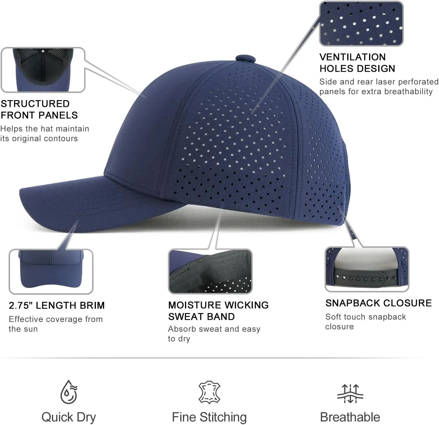 VOBOOM Men Quick Dry Baseball Cap Laser Cut Mesh Ball Curved Brim Snapback Hat