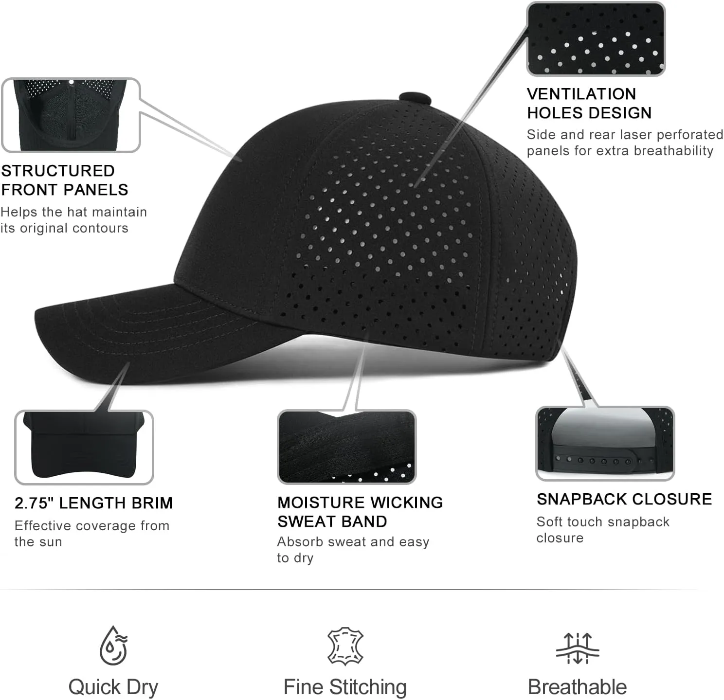 VOBOOM Men Quick Dry Baseball Cap Laser Cut Mesh Ball Curved Brim Snapback Hat