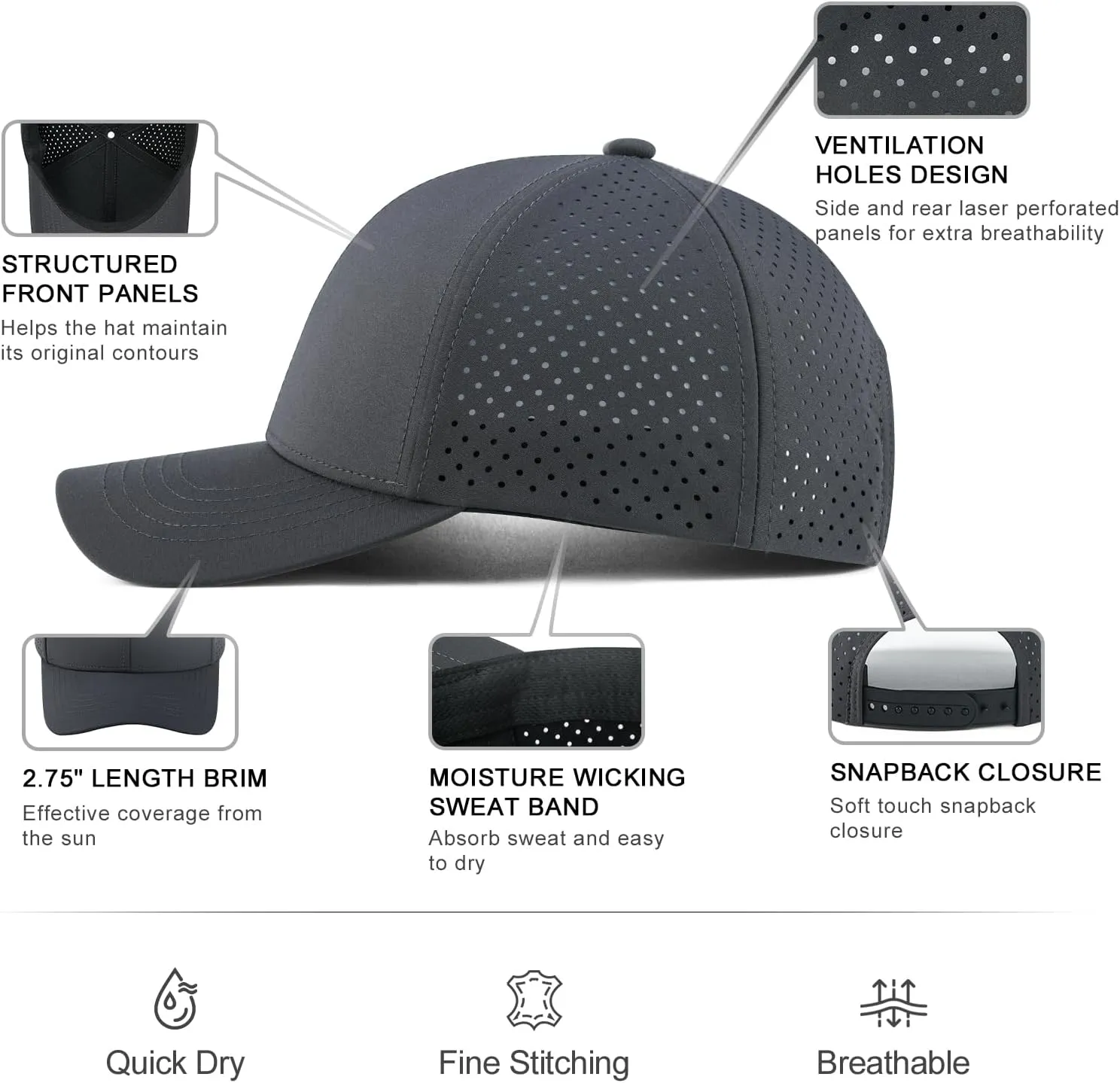 VOBOOM Men Quick Dry Baseball Cap Laser Cut Mesh Ball Curved Brim Snapback Hat