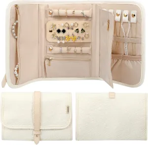 Voova Travel Jewelry Holder Organizer Case, Large Jewelry Storage Bag for Women Girls, Foldable Traveling Jewellery Pouch Roll for Necklaces Rings Earrings Bracelets, Apricot