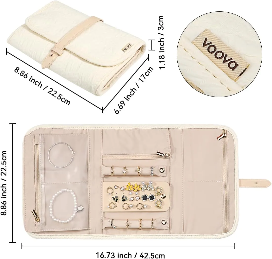 Voova Travel Jewelry Holder Organizer Case, Large Jewelry Storage Bag for Women Girls, Foldable Traveling Jewellery Pouch Roll for Necklaces Rings Earrings Bracelets, Apricot