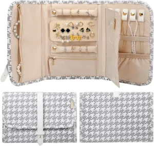 Voova Travel Jewelry Holder Organizer Case, Large Jewelry Storage Bag for Women Girls, Foldable Traveling Jewellery Pouch Roll for Necklaces Rings Earrings Bracelets, Grey White