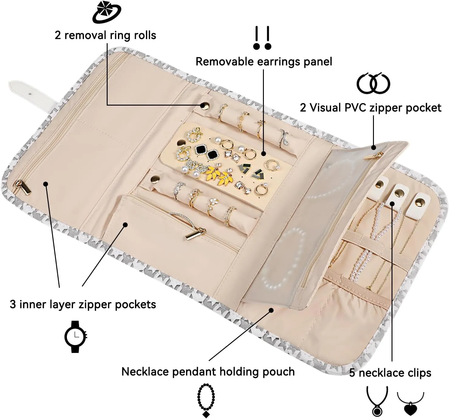 Voova Travel Jewelry Holder Organizer Case, Large Jewelry Storage Bag for Women Girls, Foldable Traveling Jewellery Pouch Roll for Necklaces Rings Earrings Bracelets, Grey White