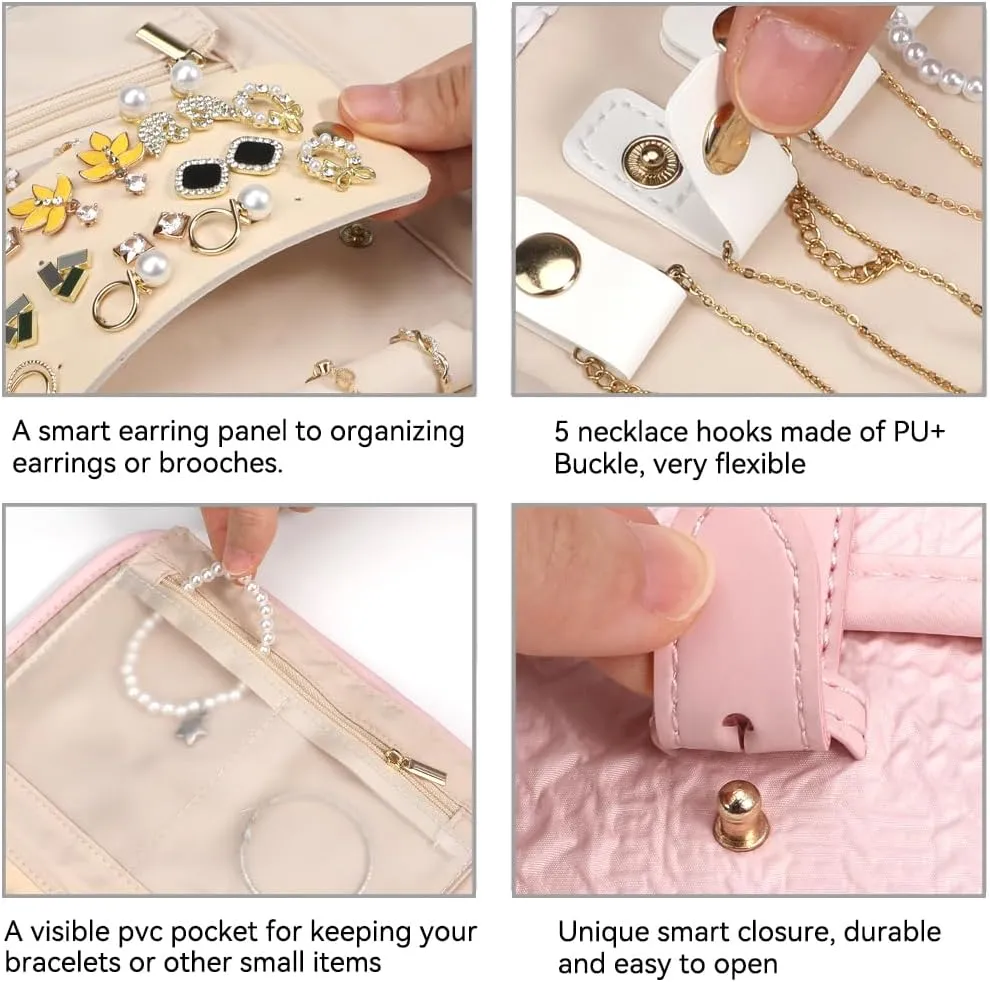 Voova Travel Jewelry Holder Organizer Case, Large Jewelry Storage Bag for Women Girls, Foldable Traveling Jewellery Pouch Roll for Necklaces Rings Earrings Bracelets, Light Pink