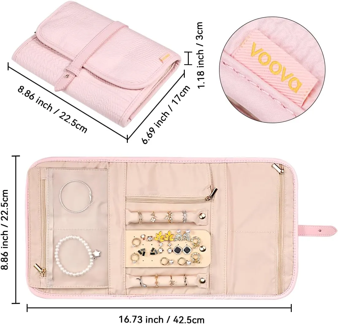 Voova Travel Jewelry Holder Organizer Case, Large Jewelry Storage Bag for Women Girls, Foldable Traveling Jewellery Pouch Roll for Necklaces Rings Earrings Bracelets, Light Pink
