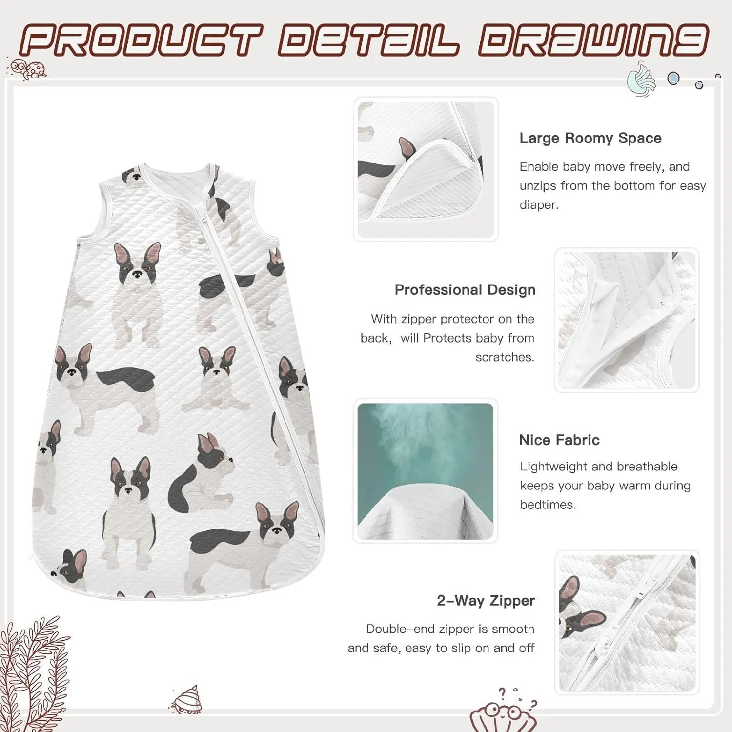 vvfelixl Unisex French Bulldog Pattern White Baby Sleeping Bag,Baby Wearable Blanket,Toddler Sleep Sack,Sleep Suit for Infant Newborn Babies 0-6 Months