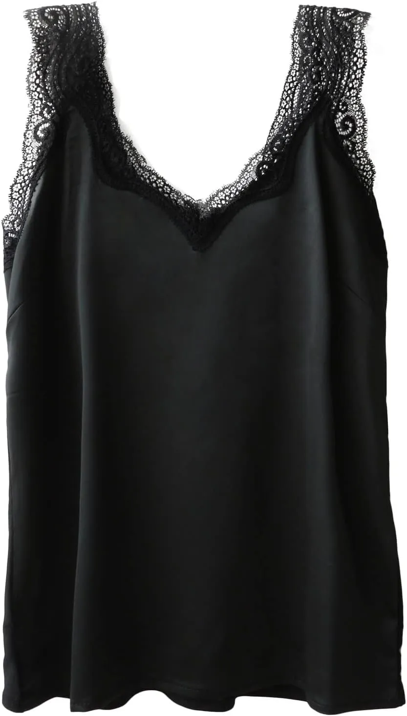 Wantschun Womens Satin Silk Camisole Lace Straps Tank Top Cami V-Neck