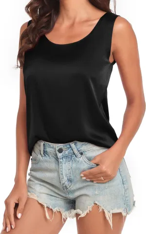 Wantschun Womens Silk Satin Tank Tops Summer Tank Shirt Round Neck Sleeveless Blouse Camisole