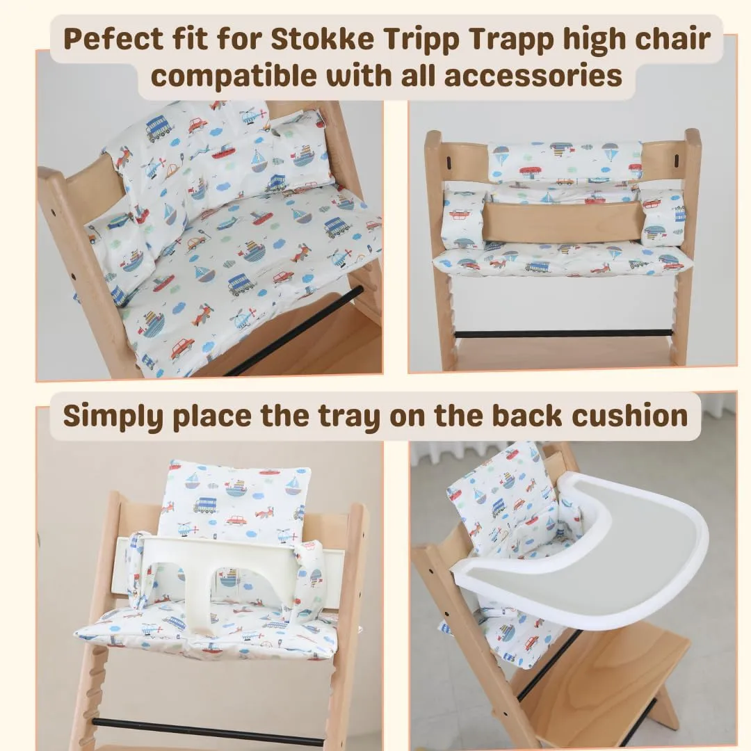 Waterproof & Compatible Stokke Tripp Trapp Cushion Set - Easy to Clean - Made in Korea - 100% Cotton - Made for Stokke Tripp Trapp High Chair (Vroom Vroom)