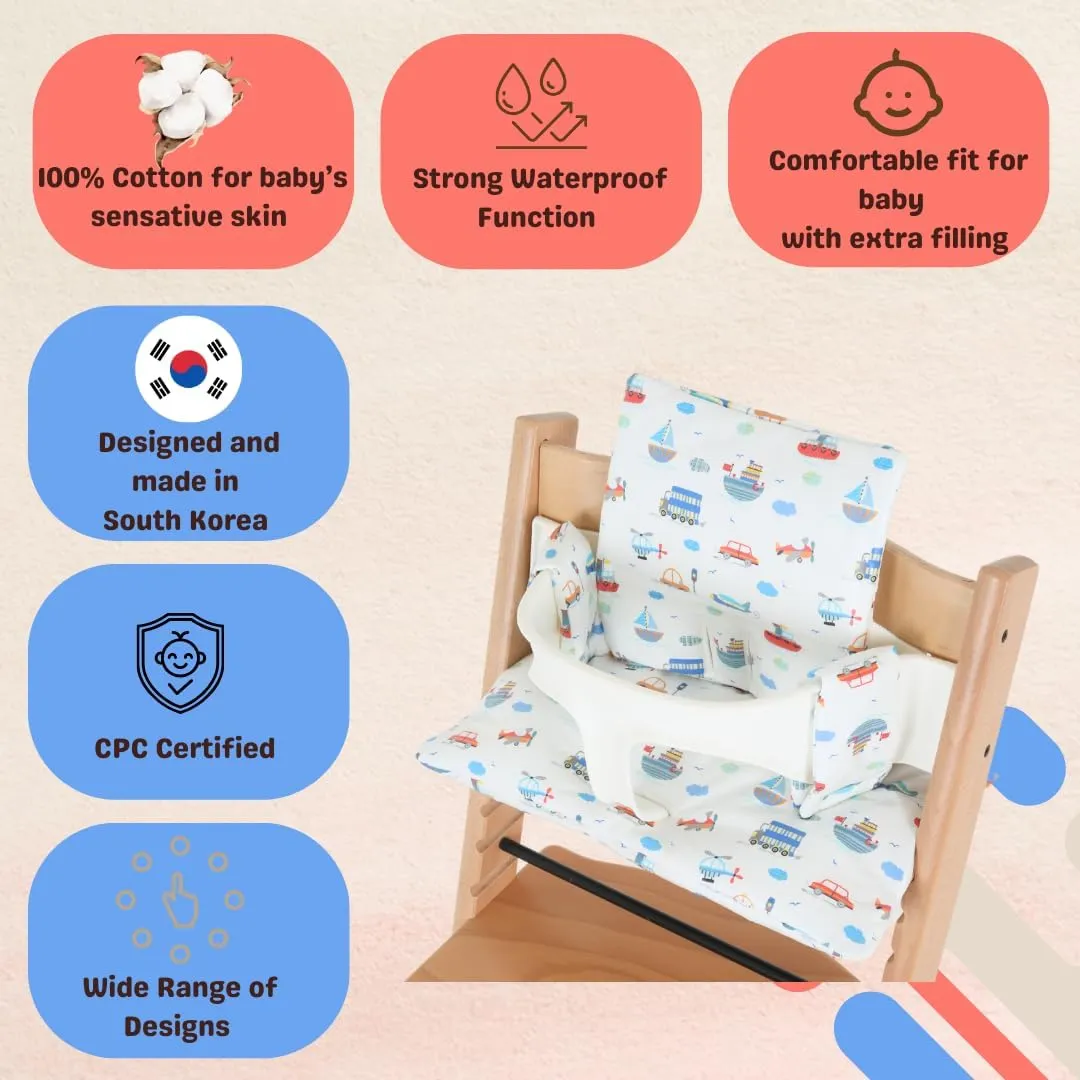 Waterproof & Compatible Stokke Tripp Trapp Cushion Set - Easy to Clean - Made in Korea - 100% Cotton - Made for Stokke Tripp Trapp High Chair (Vroom Vroom)