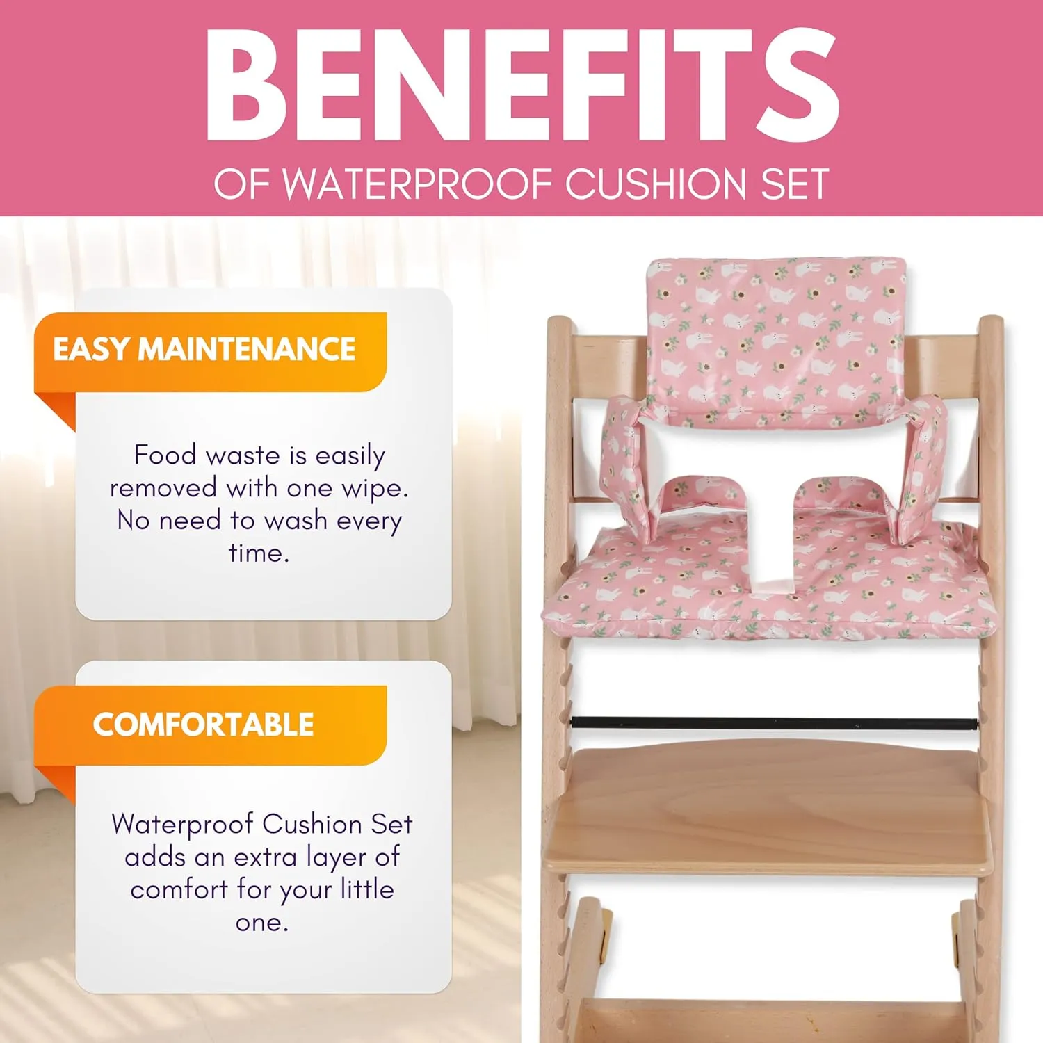 Waterproof & Compatible Stokke Tripp Trapp Cushion Set for Newborn Baby - Easy to Clean Stokke Tripp Trapp Newborn Set - 100% Cotton Stokke High Chair Cushion Set (Pink Bunny / 49.5 Counts)