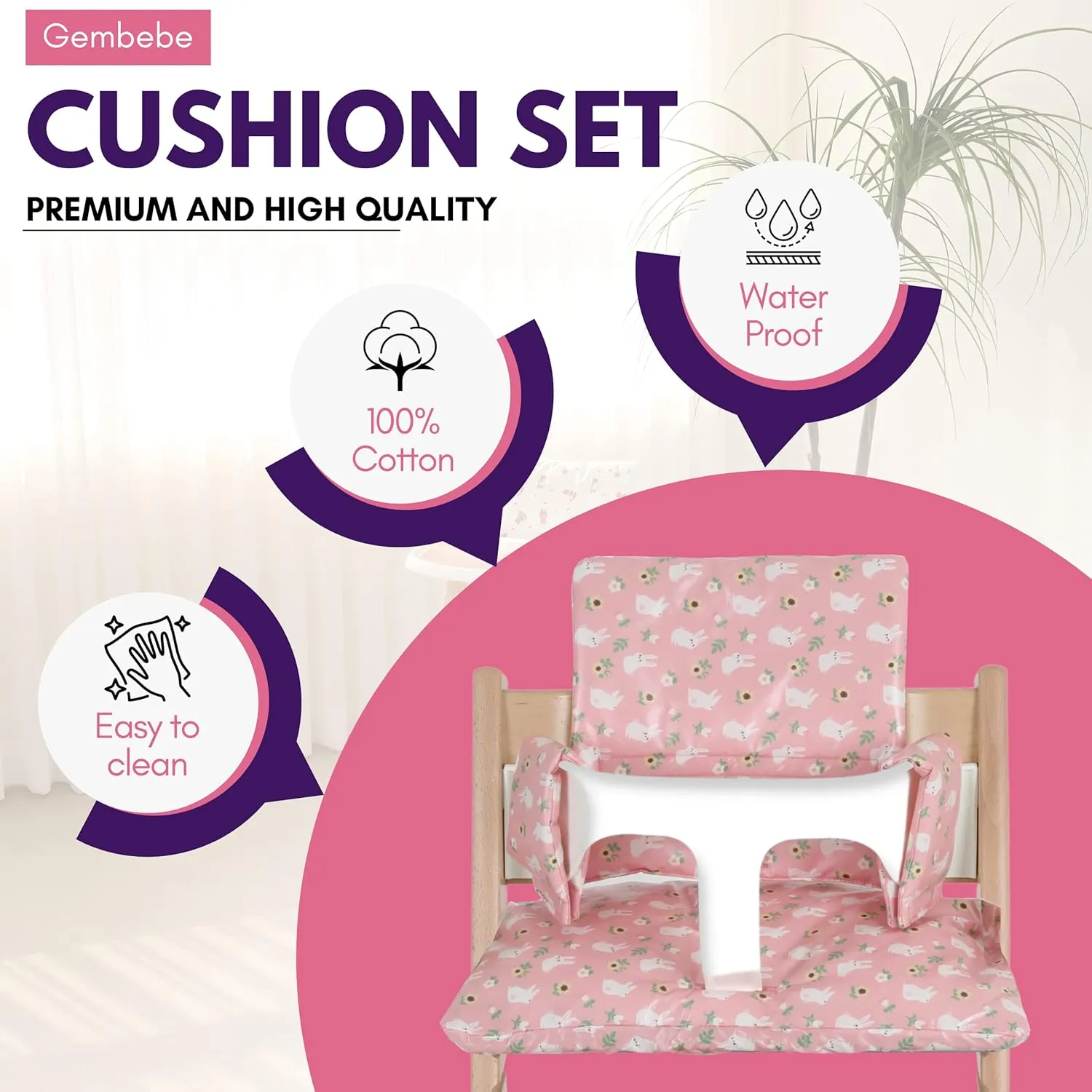 Waterproof & Compatible Stokke Tripp Trapp Cushion Set for Newborn Baby - Easy to Clean Stokke Tripp Trapp Newborn Set - 100% Cotton Stokke High Chair Cushion Set (Pink Bunny / 49.5 Counts)