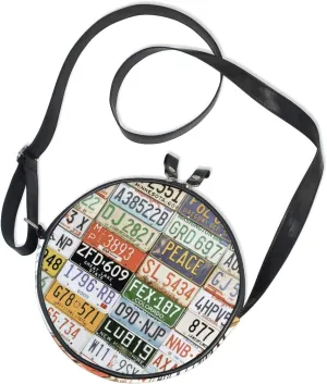 WellLee Old Aged License Plates Collage Museum Round Crossbody Bag Purse Messenger Bag
