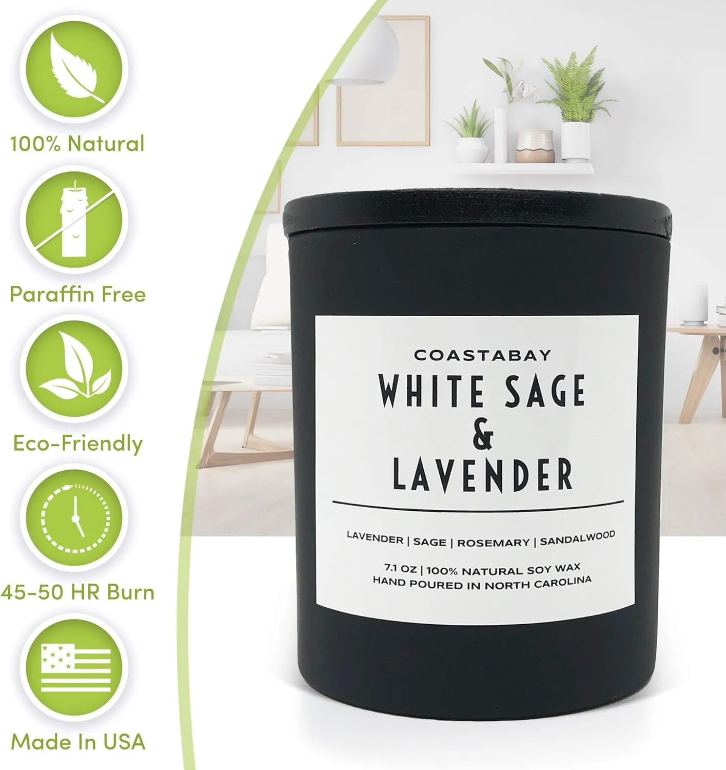 White Sage and Lavender Candle | 100% Organic Soy Wax, Scented Candle, Candles Gifts for Women, Sandalwood, for Aromatherapy, Cleansing House, and Relaxation, 7.1oz