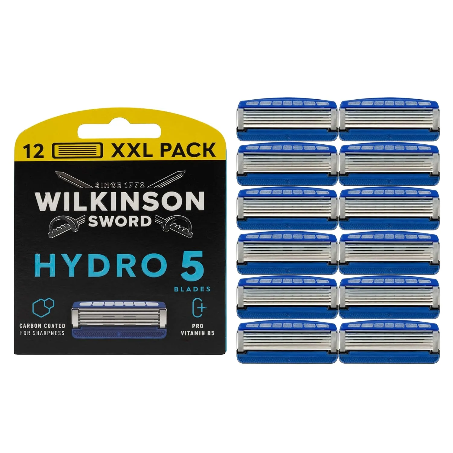 Wilkinson Sword Hydro 5 Men’s Razor Refills, Great Addition to Wash Bags for Men's Grooming, Great Shavers for Routine Shaving and Holidays, 12 Refill Razor Blades Pack