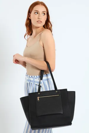 Winged Front Zip Canvas Shopper Bag - Black