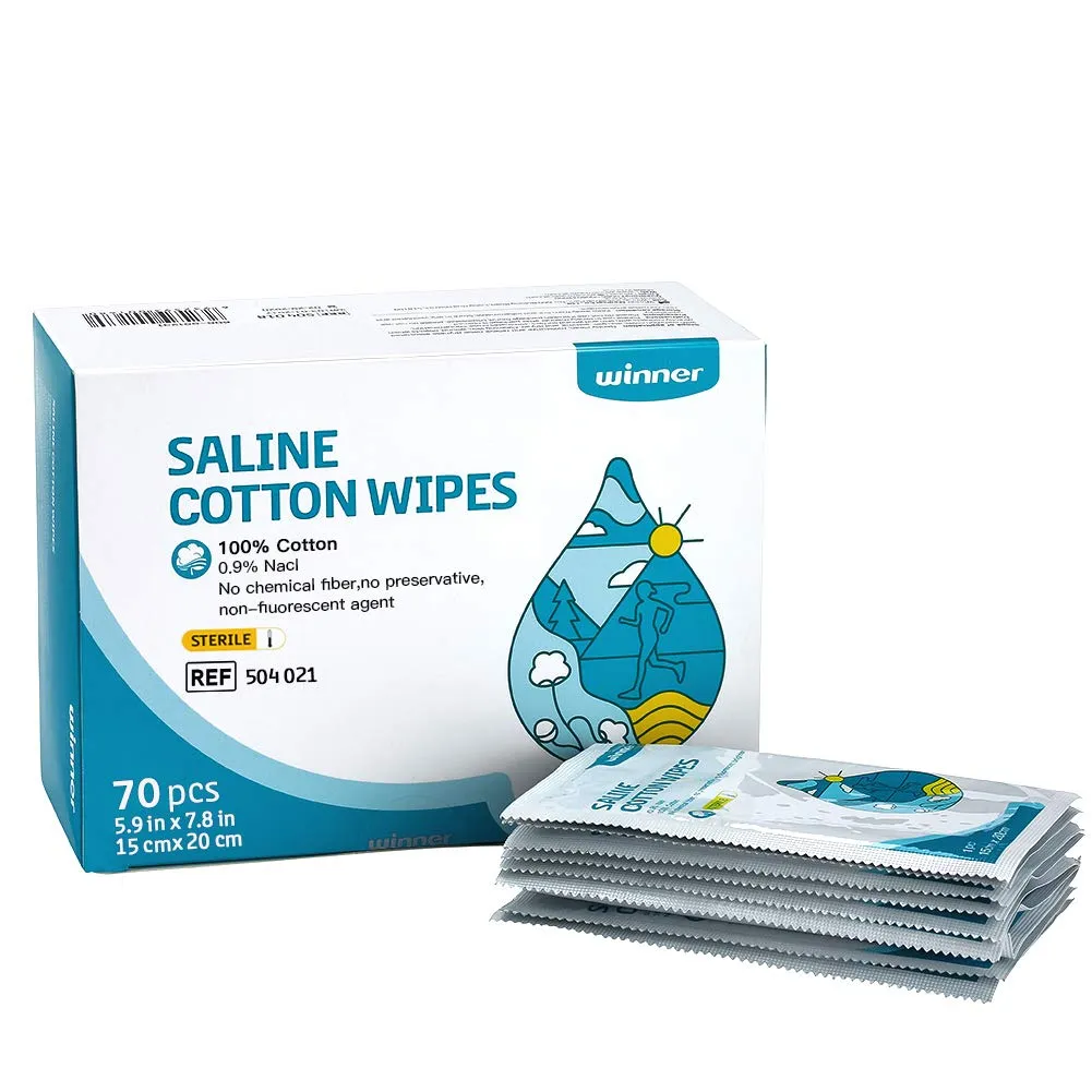 Winner Sterile Saline Wipes, 6" x 8" Large Personal Care Wipes, Gentle Saline Pads for Piercings, Multi-Purpose for Sensitive Eyes and Face, Individually Wrapped, 70 Count