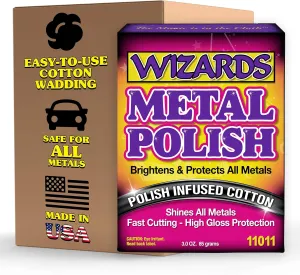Wizards Metal Polish Infused Cotton: Shines All Metals with High Gloss Formula - Car Cleaning Wipes for Aluminum, Tarnished Chrome, Stainless, etc - Auto Cleaning & Detailing