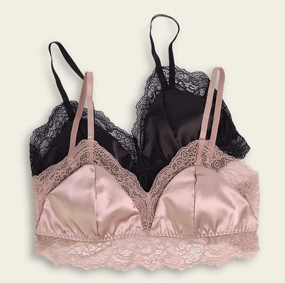 Women 100% Mulberry Silk Bra Thin Soft Lace Underwear Breathable Smooth