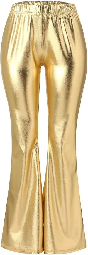 Women Flare Leggings Shiny Metallic Bell Bottom Bootcut Palazzo Pants High Waist Wide Leg Disco Dance Party Trousers