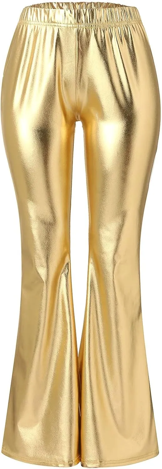 Women Flare Leggings Shiny Metallic Bell Bottom Bootcut Palazzo Pants High Waist Wide Leg Disco Dance Party Trousers