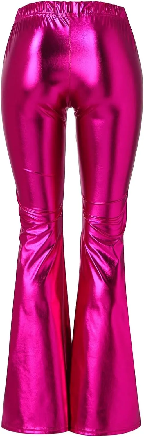 Women Flare Leggings Shiny Metallic Bell Bottom Bootcut Palazzo Pants High Waist Wide Leg Disco Dance Party Trousers