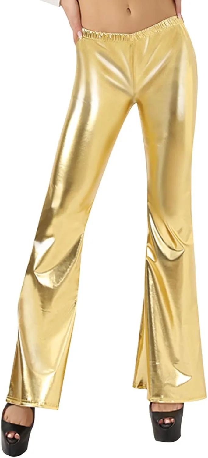 Women Flare Leggings Shiny Metallic Bell Bottom Bootcut Palazzo Pants High Waist Wide Leg Disco Dance Party Trousers